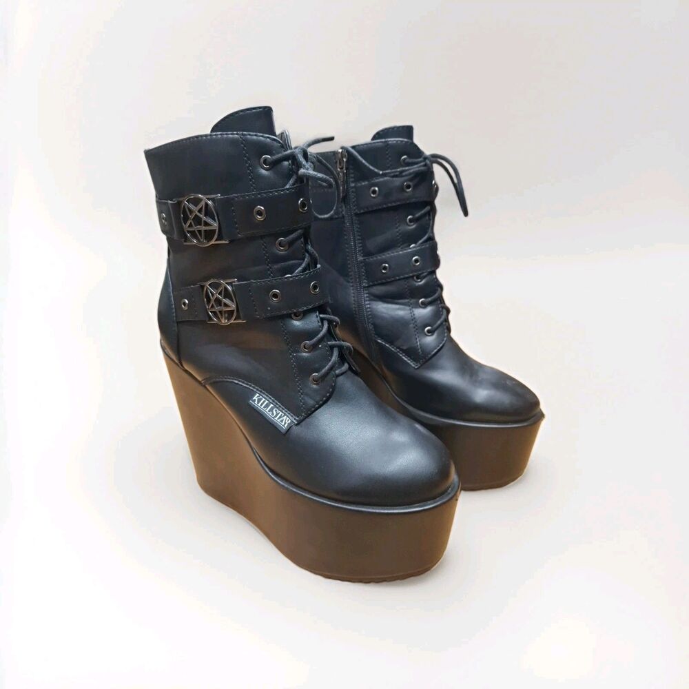 Killstar Sabitha Booties Boots w/ metal pentagram womens size 11 - black